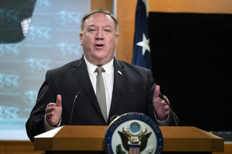 Secretary of State Mike Pompeo, speaks during a news conference at the State Department, Wednesday, July 1, 2020, in Washington. (AP Photo/Manuel Balce Ceneta, Pool)