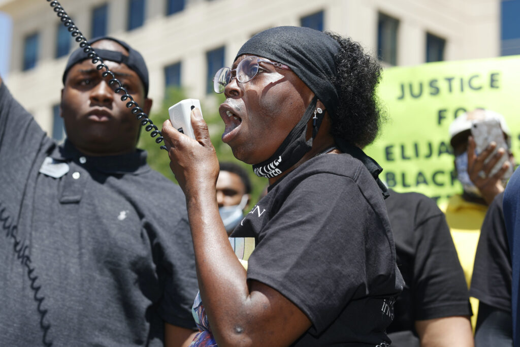 Racial Injustice-Elijah McClain In this June 27, 2020, file photo, Sheneen McClain speaks during a rally and march over the death of her 23-year-old son Elijah McClain, outside the police department in Aurora, Colo. (AP Photo/David Zalubowski)