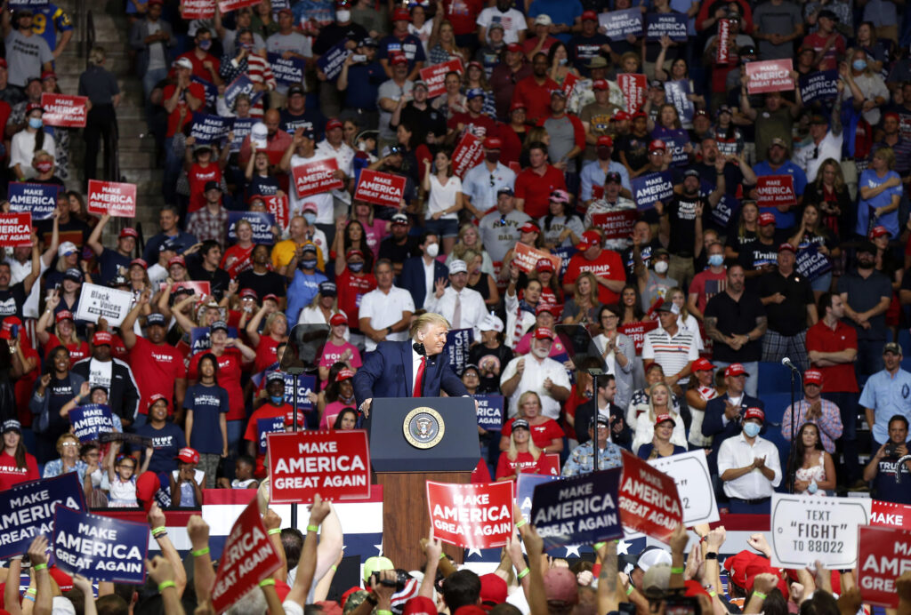 Virus Outbreak-Oklahoma In this Saturday, June 20, 2020, file photo, President Donald Trump speaks at BOK Center during his rally in Tulsa, Okla. (Stephen Pingry/Tulsa World via AP, File)