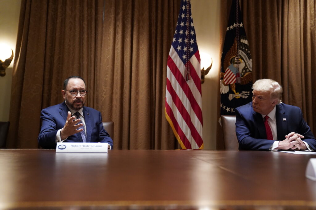 Donald Trump President Donald Trump listens as Robert Unanue, of Goya Foods, speaks during a roundtable meeting with Hispanic leaders in the Cabinet Room, Thursday, July 9, 2020, in Washington. (AP Photo/Evan Vucci)