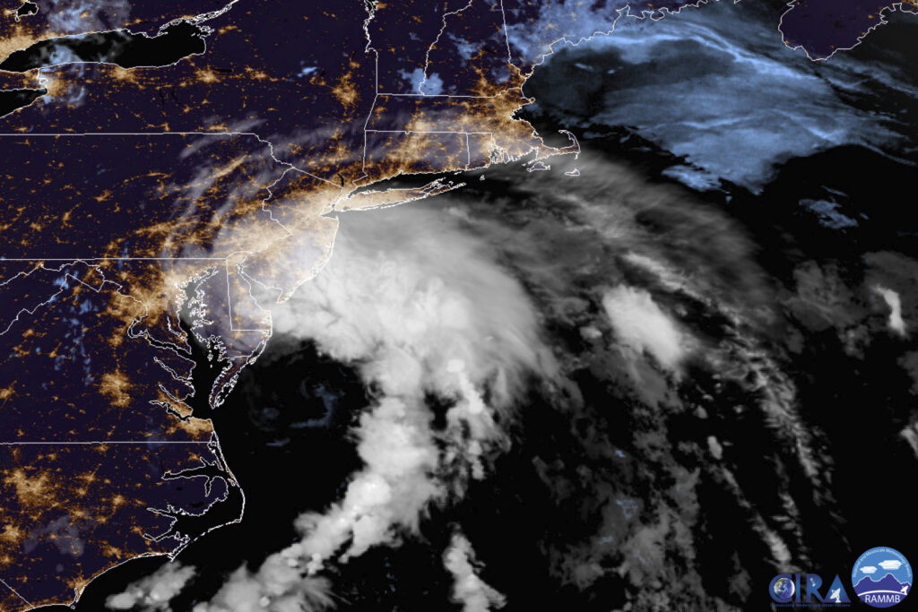 Tropical Storm This GOES-16 satellite image taken at 9:30 UTC (5:30 a.m. EDT) on Friday, July 10, 2020 shows Tropical Storm Fay as it moves closer to land in the northeast of the United States. (NOAA via AP)