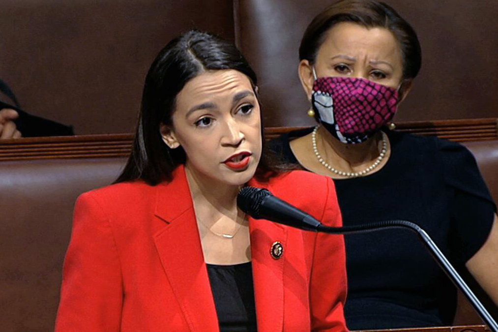 In this July 23, 2020, file image from video, Rep. Alexandria Ocasio-Cortez, D-N.Y., speaks on the House floor on Capitol Hill in Washington. (House Television via AP, File)