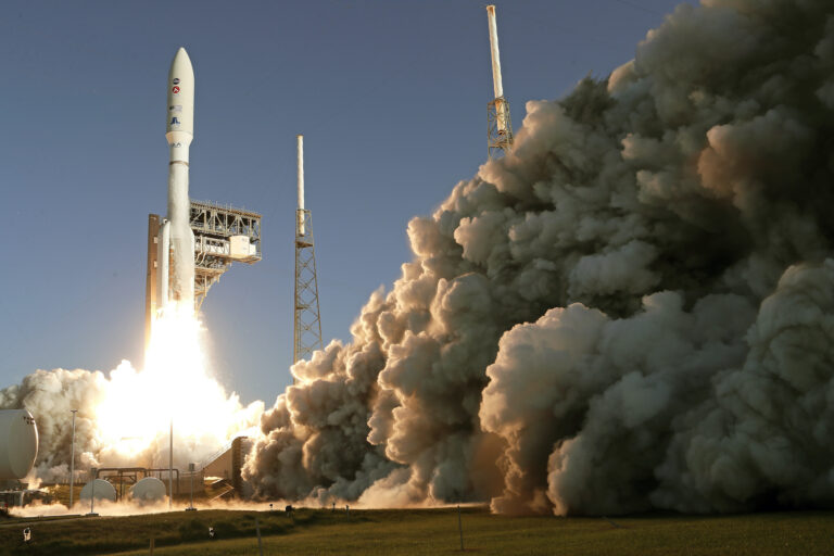 A United Launch Alliance Atlas V rocket lifts off from pad 41 at the Cape Canaveral Air Force Station Thursday, July 30, 2020, in Cape Canaveral, Fla. (AP Photo/John Raoux)