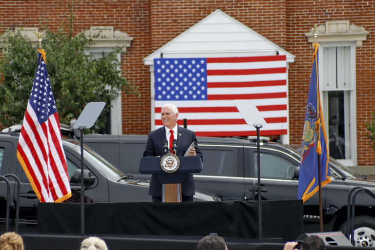 Vice President Mike Pence speaks  at a “Cops for Trump” campaign event at the police station Thursday, July 30, 2020, in Greensburg, Pa. (AP Photo/Keith Srakocic)