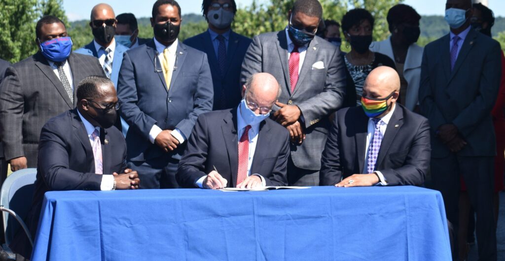 DSC_0172-1920×993 Pennsylvania Governor Tom Wolf says two bills into law, making changes to certain aspects of law enforcement, on July 14, 2020. (Ed Mahon / PA Post)