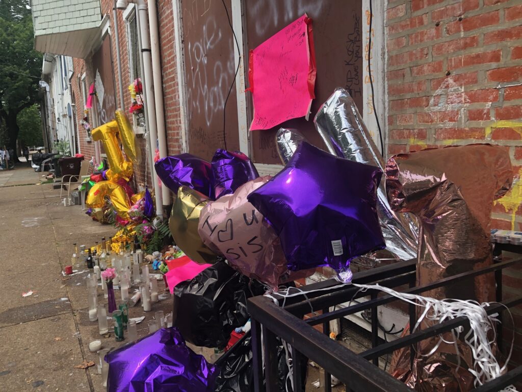 IMG_7794 A memorial has been construction in honor or 19-year-old Nakysha Richardson, who was shot and killed July 6 on Pine Street. (Cris Barrish/WHYY)