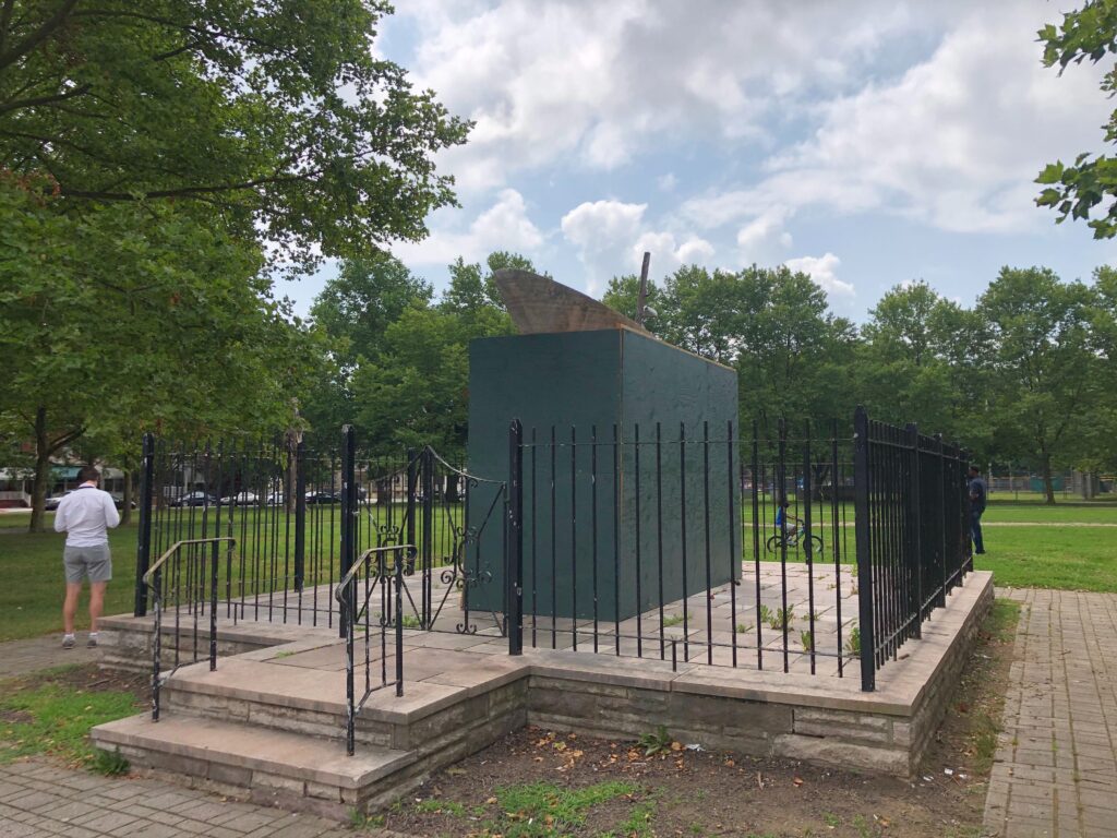 Image from iOS (106) The empty perch where the Christopher Columbus statue in Columbus Park one stood. City crews removed the statue Wednesday morning. (P. Kenneth Burns/WHYY)