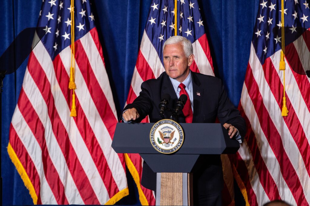 Image from iOS (107) Vice President Mike Pence speaks at the “Back the Blue” rally at Philadelphia FOP Lodge #5. (Kimberly Paynter/WHYY)