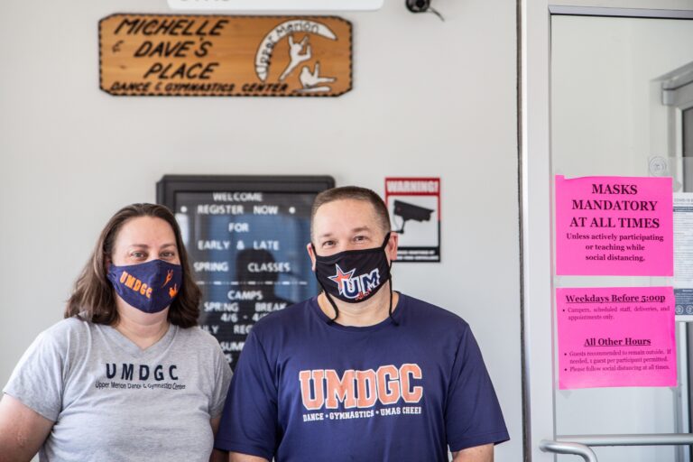 Michelle Elbin (left) and Dave Evasew, owners of the Upper Merion Dance and Gymnastics Center. (Kimberly Paynter/WHYY)