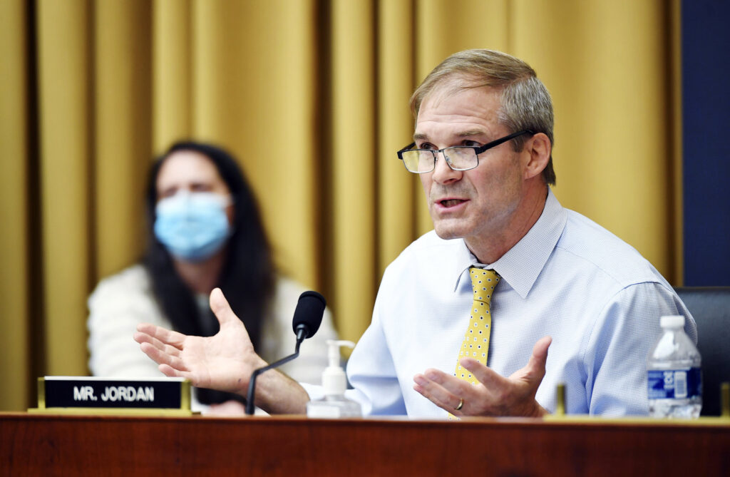 Rep Jim Jordan, D-Ohio, speaks during a House Judiciary subcommittee on antitrust on Capitol Hill. Rep Jim Jordan