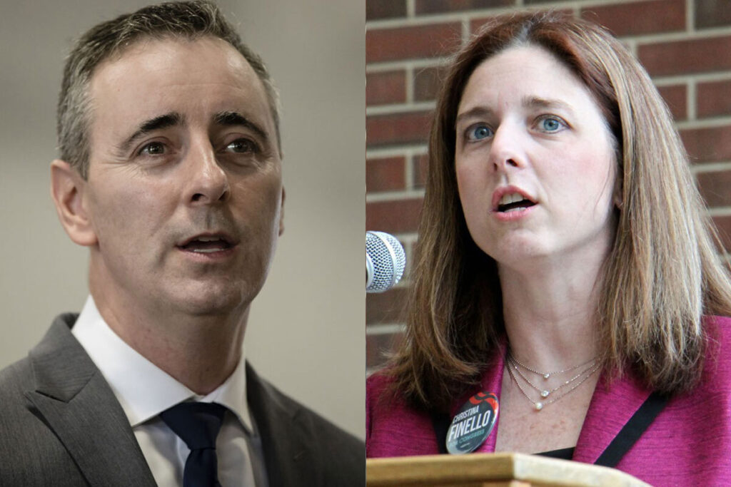fitzpatrick-finello Bucks County Congressman Brian Fitzpatrick (left) and Ivyland Borough Councilmember Christina Finello. (AP Photo and Emma Lee/WHYY)