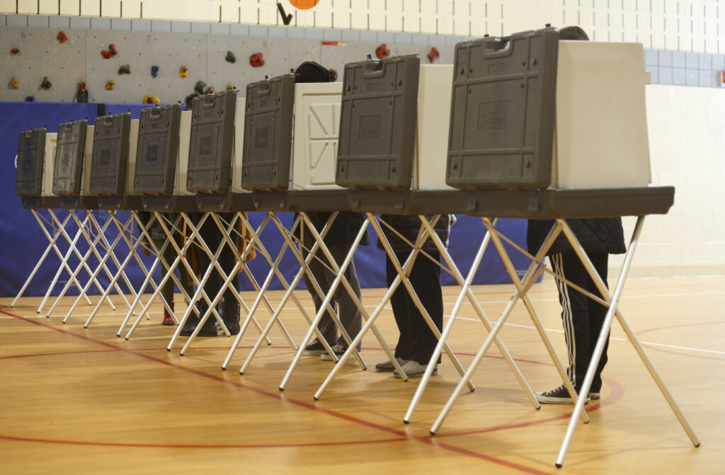 Voters cast their ballots at a polling place at Cromie Elementary School in Warren, Mich., in March. Warren is in Macomb County, considered a critical suburb in the presidential election. Voters cast their ballots at a polling place at Cromie Elementary School in Warren, Mich., in March. Warren is in Macomb County, considered a critical suburb in the presidential election. (Elaine Cromie/Getty Images)