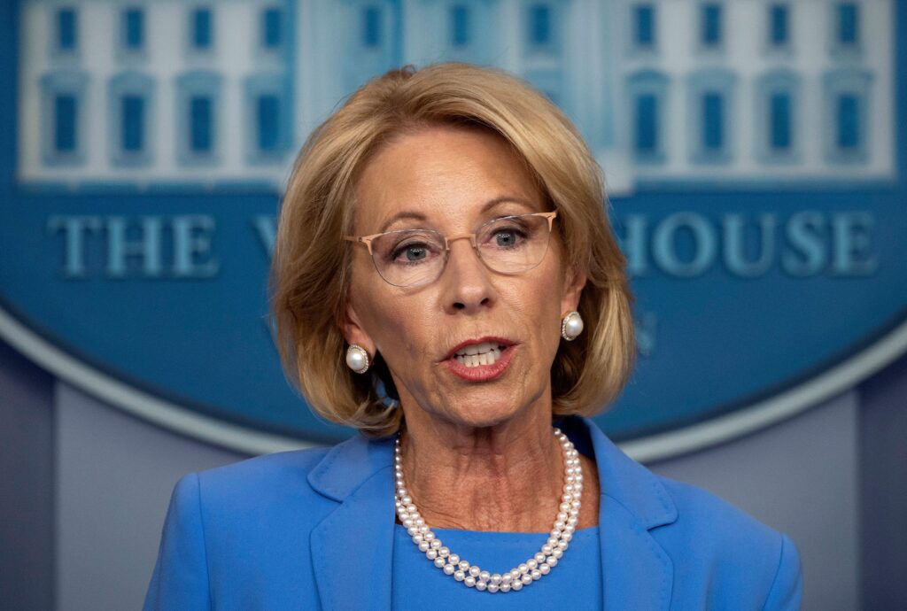 Education Secretary Betsy DeVos, seen here during a White House briefing in March, will participate in a panel discussion Tuesday on how to reopen America’s schools safely. Education Secretary Betsy DeVos, seen here during a White House briefing in March, will participate in a panel discussion Tuesday on how to reopen America's schools safely. (Jim Watson/AFP via Getty Images)
