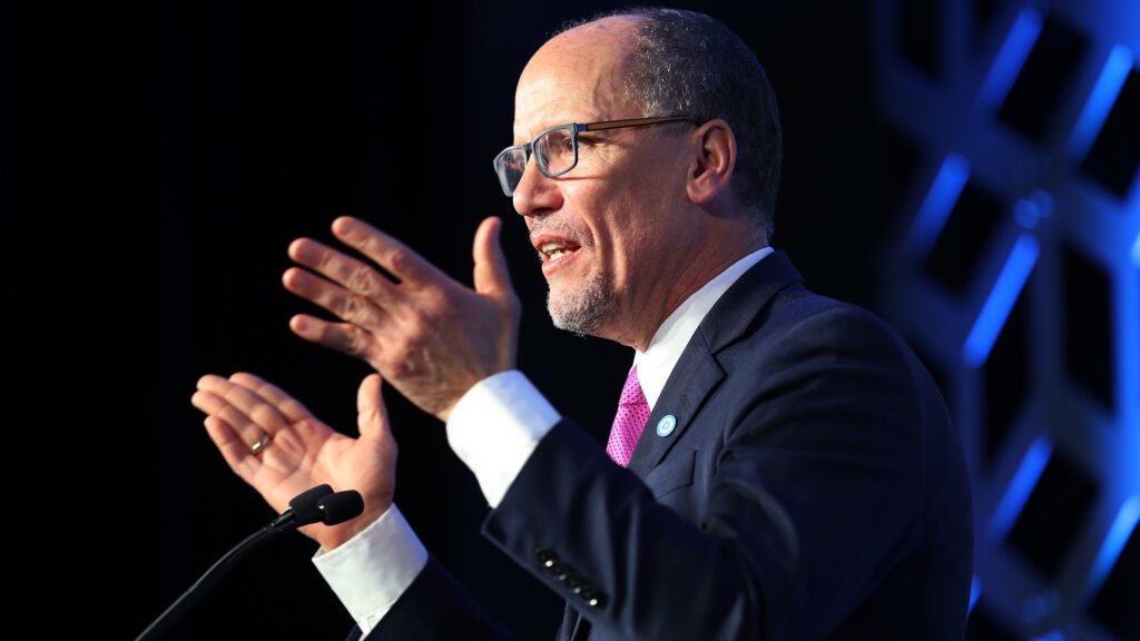 Tom Perez, Democratic National Committee chair, speaks during an event in February in Charlotte, N.C. Perez and other Democrats are approving their party platform on Monday. Tom Perez, Democratic National Committee chair, speaks during an event in February in Charlotte, N.C. Perez and other Democrats are approving their party platform on Monday. (Joe Raedle/Getty Images)