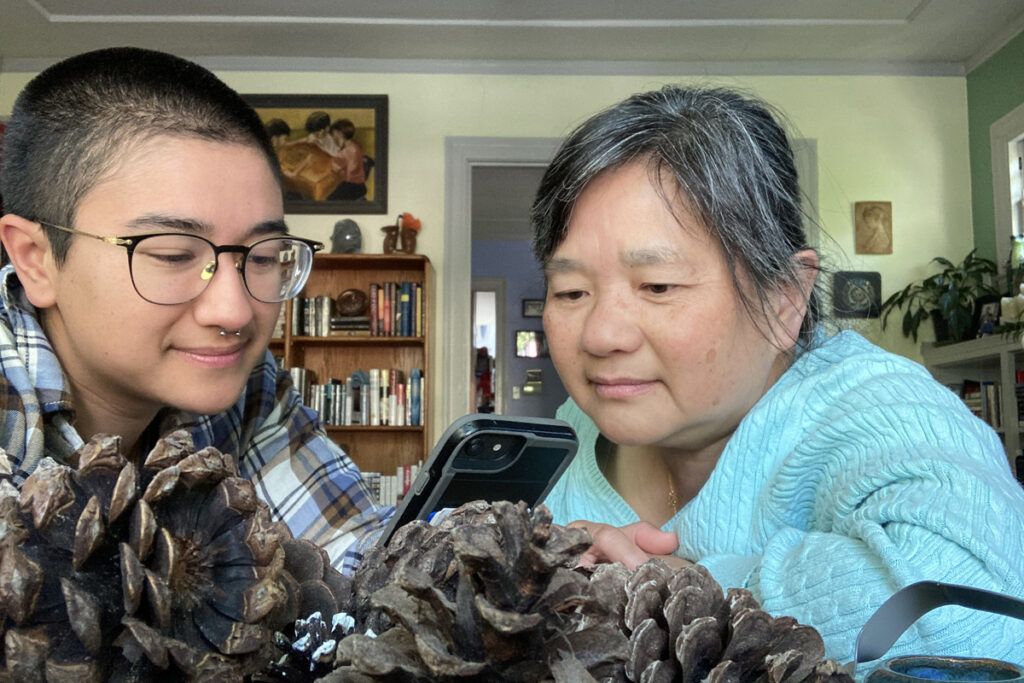 isis_language app 1200 Reporter Isis Piccillo and their mom, Anna Yeung, using a language app to learn Arabic while sheltering in place at their home in Northern California. (Isis Piccillo/For WHYY)