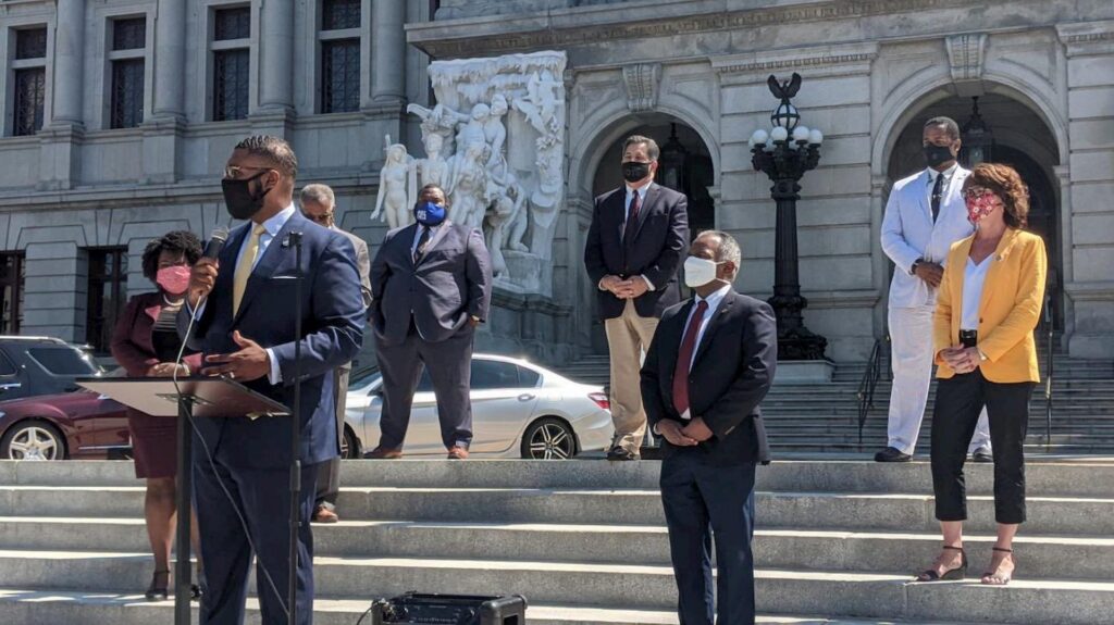 pa-dem-pressconf-071320-1920×1079 Democratic legislators announce a lawsuit aimed at blocking efforts by the Trump campaign to impose tighter rules on vote-by-mail and loosen restrictions on the eligibility of poll watchers.