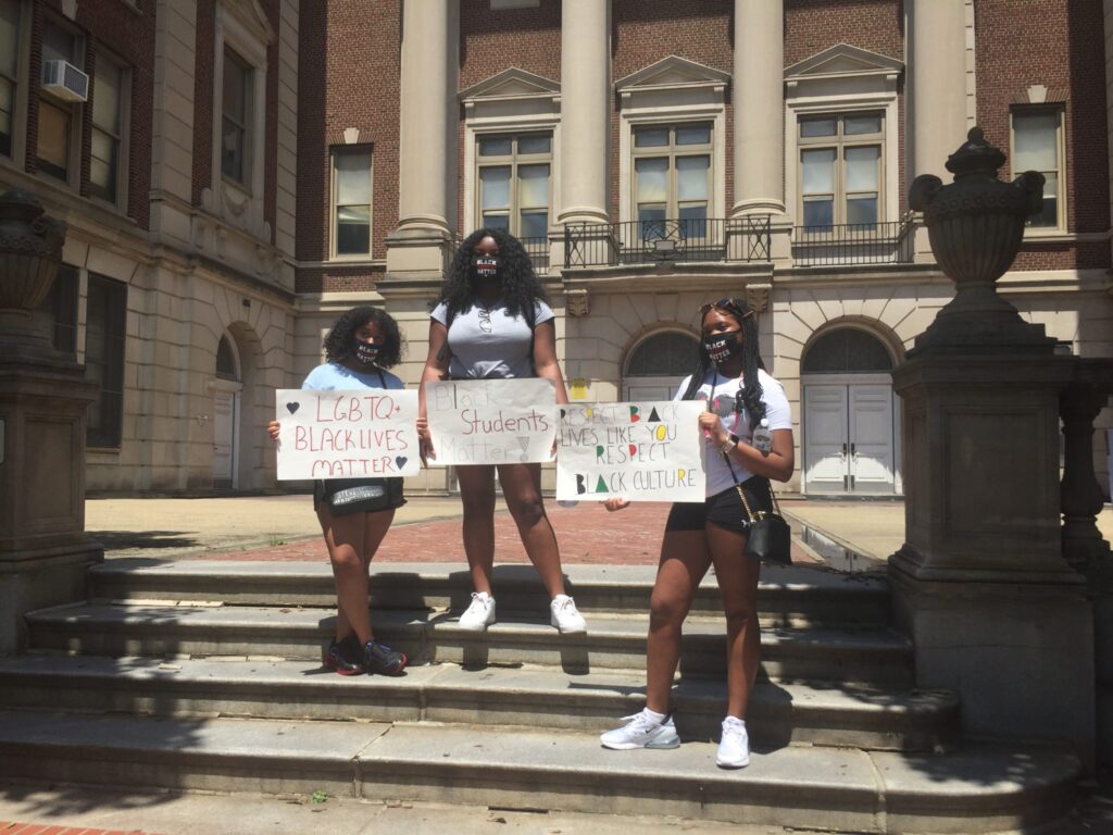 protest-pic-3-2048×1536 Protesters from the march against racism on Sunday July 12 make their demands known on the steps of Masterman. (Photo by Neena Hagen)