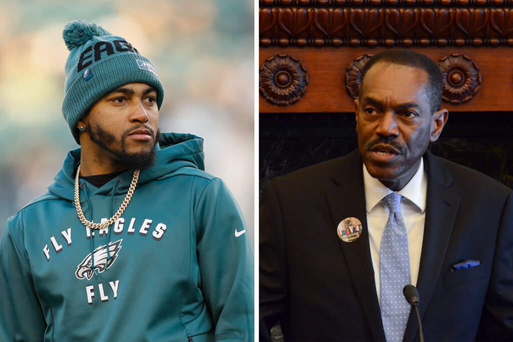 Left: Eagles player DeSean Jackson; Right: Philadelphia NAACP President Rodney Muhammad (Michael Perez/AP Photo; Tom MacDonald/WHYY)