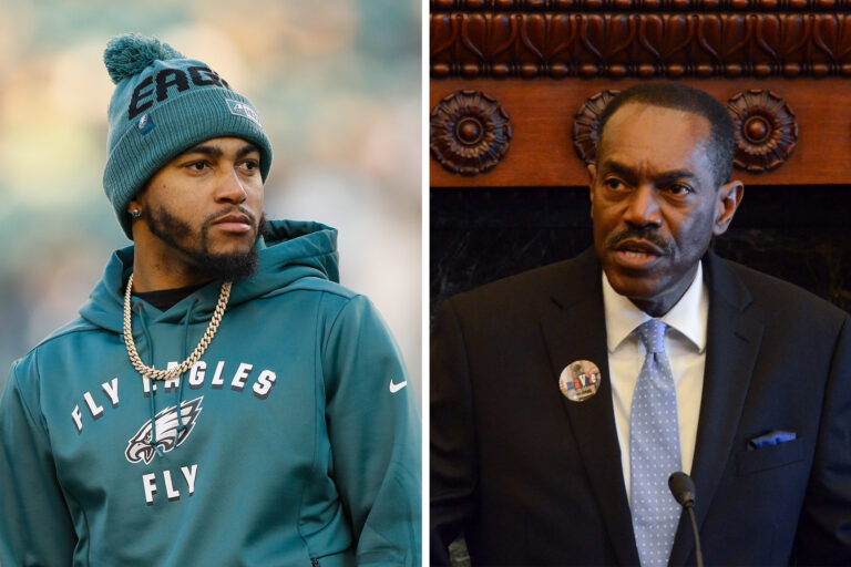 Left: Eagles player DeSean Jackson; Right: Philadelphia NAACP President Rodney Muhammad (Michael Perez/AP Photo; Tom MacDonald/WHYY)