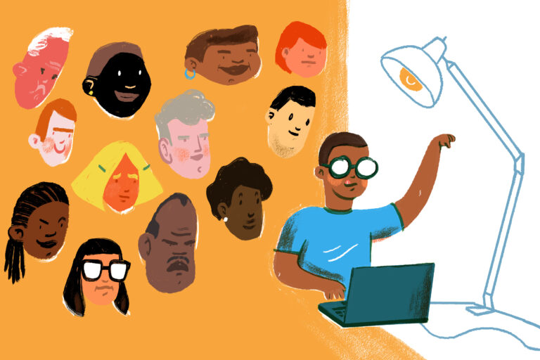 A student works alone on a laptop with the images of fellow students hovering over him.