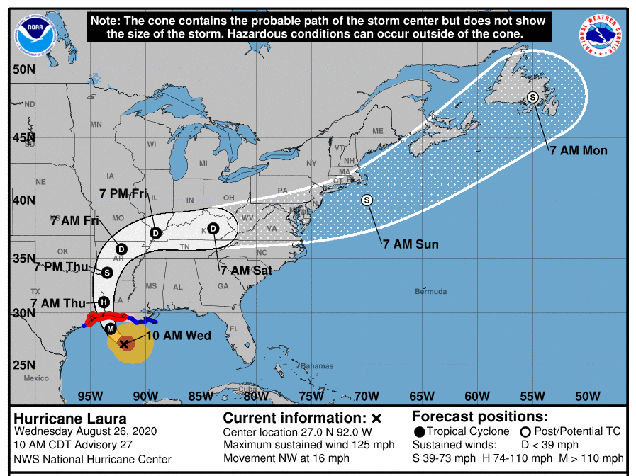 The National Hurricane Center predicts that Hurricane Laura will make landfall as a Category 4 storm. Hurricane Laura