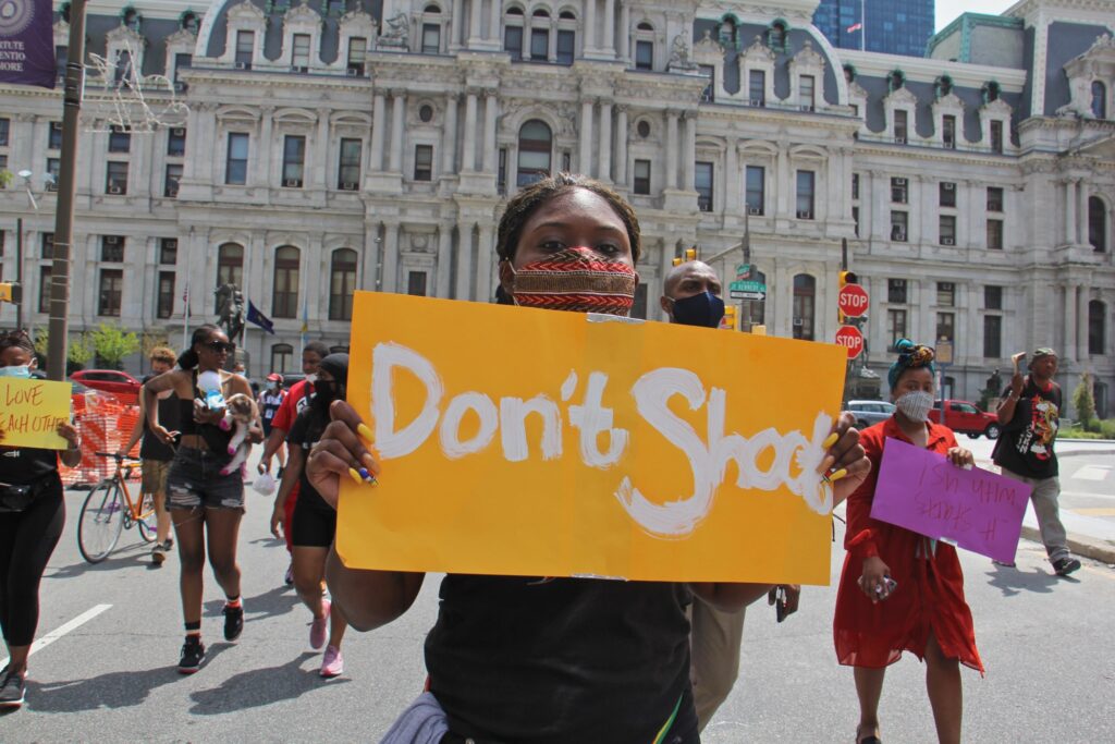 2020 07 20-e lee- sarai ford-philadelphia city hall-march against gun violence Sarai Ford marches with a group of young people calling for an end to gun violence on July 20, 2020. (Emma Lee/WHYY)