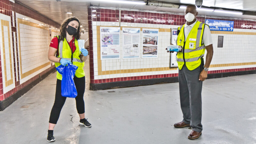 2020 8 11 k paynter social distance-4 Jessica Mangold (left) and Leon Vaughn (right) are SEPTA social distancing coaches who hand out masks and encourage riders to stay safe during the pandemic. (Kimberly Paynter/WHYY)