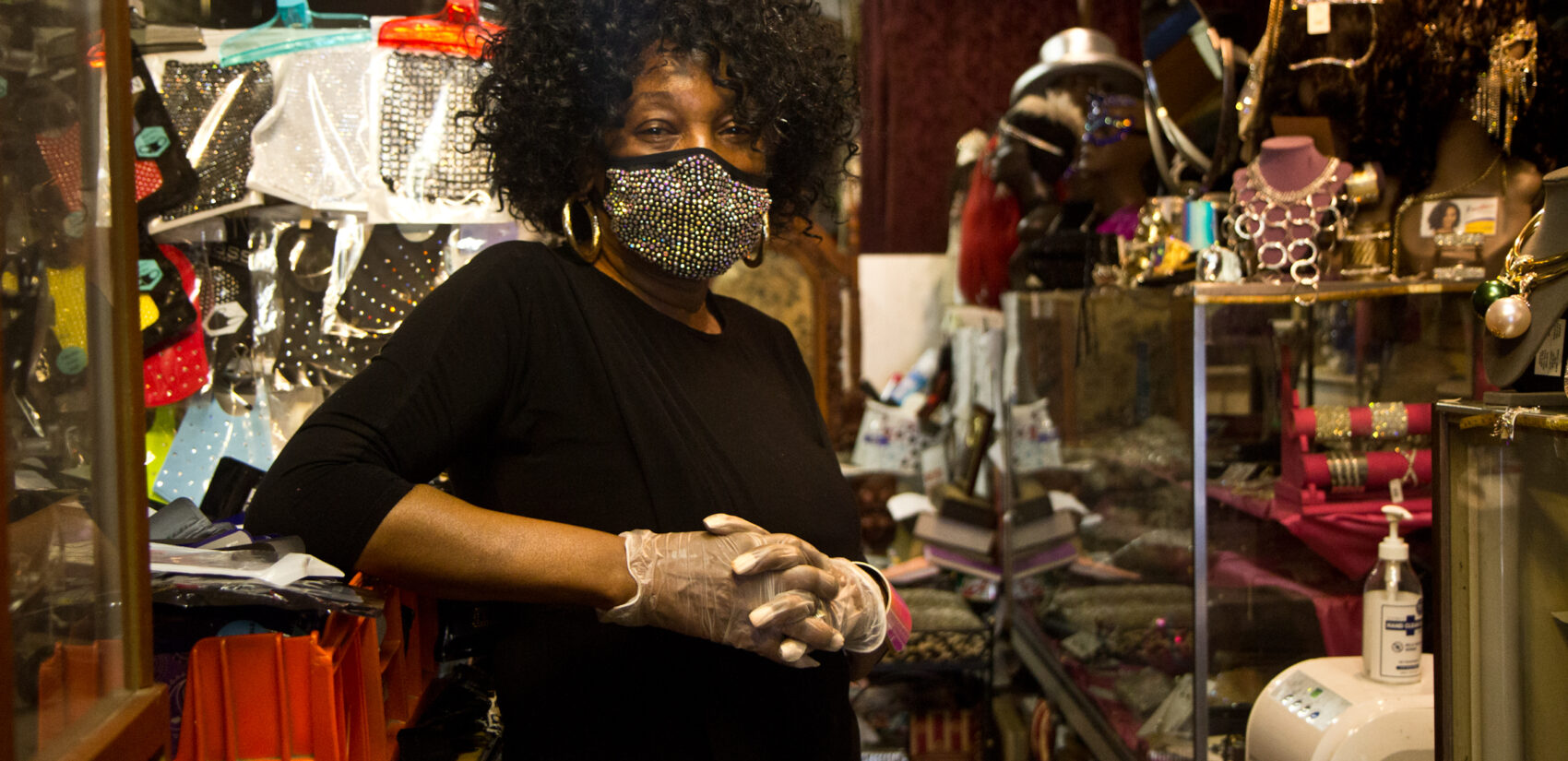 In this August 2020 photo, Gwendolyn Hosey, the owner of Struttin’ Lightly, is in her accessory store on 52nd Street in West Philadelphia. (Kimberly Paynter/WHYY)