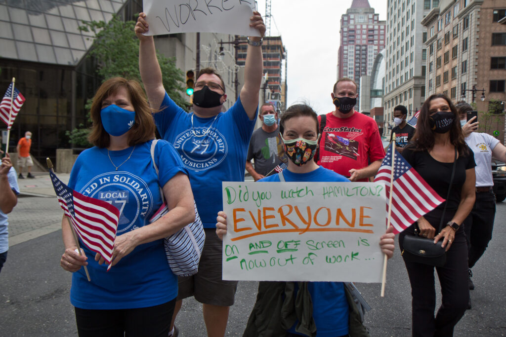 2020-8-6-k-paynter-becky-ansel-6 Becky Ansel marches at a protest demanding the extension of unemployment benefits for out of work musicians, stagehands and other out of work entertainment professionals. (Kimberly Paynter/WHYY)