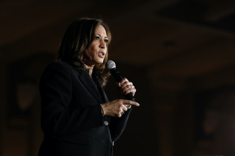 Sen. Kamala Harris speaking during a town hall meeting at the University of Iowa, Wednesday, April 10, 2019, in Iowa City, Iowa. (AP Photo/Charlie Neibergall)