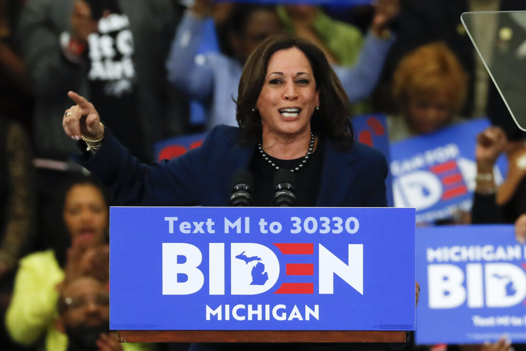 Joe Biden Sen. Kamala Harris speaks at a campaign rally for Democratic presidential candidate former Vice President Joe Biden at Renaissance High School in Detroit, Monday, March 9, 2020. (AP Photo/Paul Sancya)