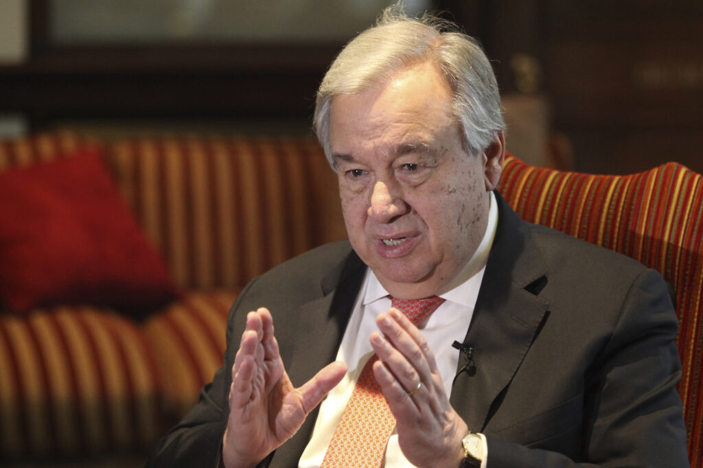 United Nations Israel Palestinians FILE - In this Feb. 18, 2020, file photo, U.N. Secretary-General Antonio Guterres speaks during an interview with The Associated Press in Lahore, Pakistan. Guterres expressed hope Tuesday, June 23, 2020 that Israel will hear global calls and will not go ahead with annexation of parts of the West Bank, which would undermine a two-state solution to the decades-old Israeli-Palestinian conflict. (AP Photo/K.M. Chaudhry, File)
