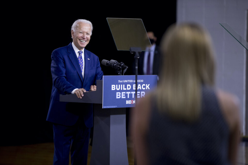 Joe Biden Democratic presidential candidate former Vice President Joe Biden smiles as he takes a question from a reporter at a campaign event at the William
