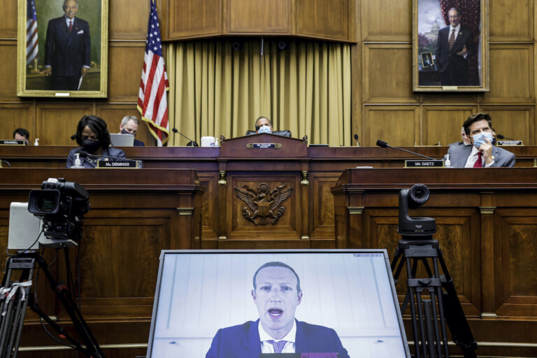 Facebook CEO Mark Zuckerberg speaks via video conference during a House Judiciary subcommittee hearing on antitrust on Capitol Hil