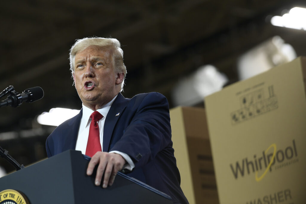 President Donald Trump speaks during an event at the Whirlpool Corporation facility in Clyde, Ohio, Thursday, Aug. 6, 2020. (AP Photo/Susan Walsh)