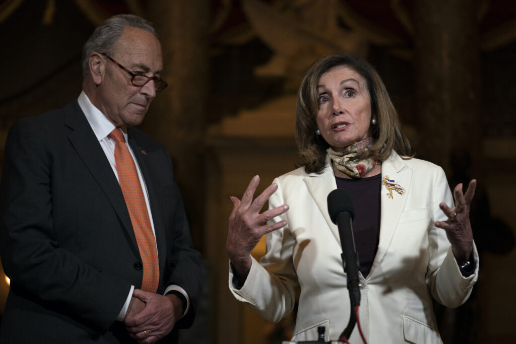 Virus Outbreak Congress House Speaker Nancy Pelosi of Calif., and Senate Minority Leader Sen. Chuck Schumer of N.Y. speak to media on Capitol Hill in Washington, Thursday, Aug. 6, 2020. (AP Photo/Carolyn Kaster)