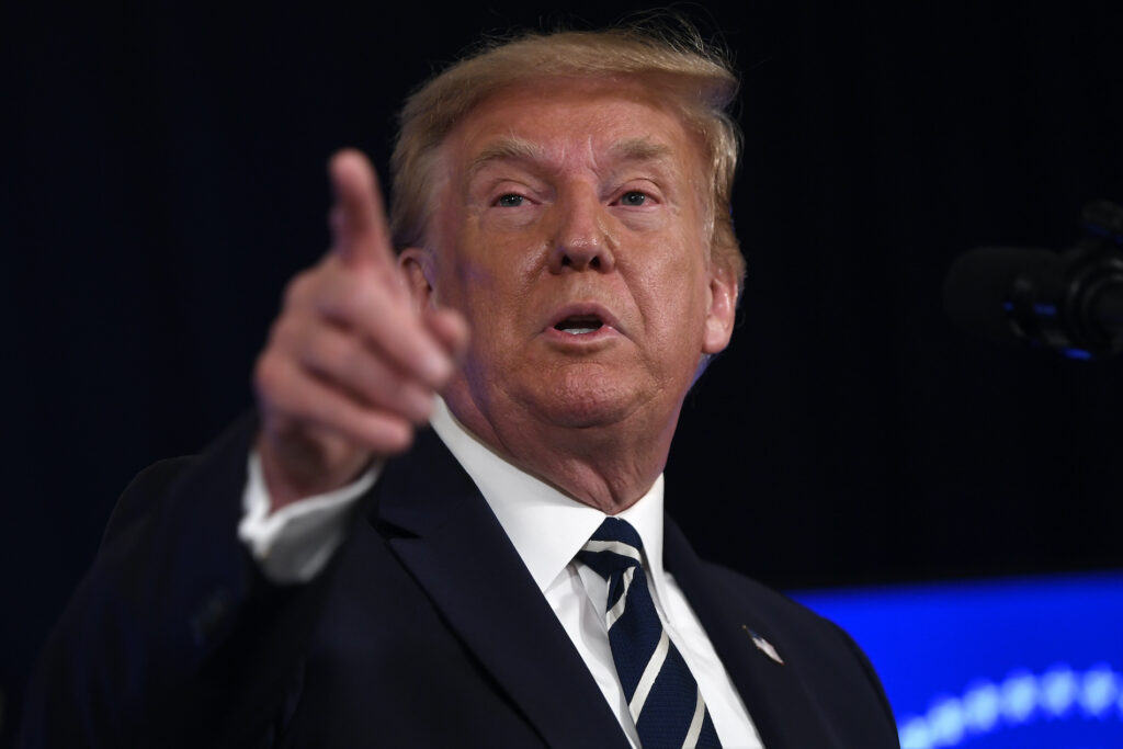 Trump President Donald Trump speaks at Trump National Golf Club Bedminster in Bedminster, N.J., Friday, Aug. 7, 2020. (AP Photo/Susan Walsh)
