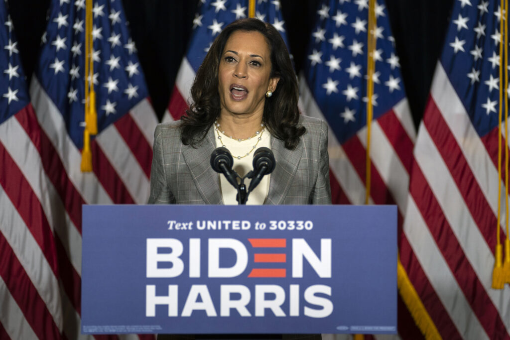 Kamala Harris Sen. Kamala Harris, D-Calif., speaks during a news conference with Democratic presidential candidate former Vice President Joe Biden at the Hotel DuPont in Wilmington, Del., Thursday, Aug. 13, 2020. (AP Photo/Carolyn Kaster)