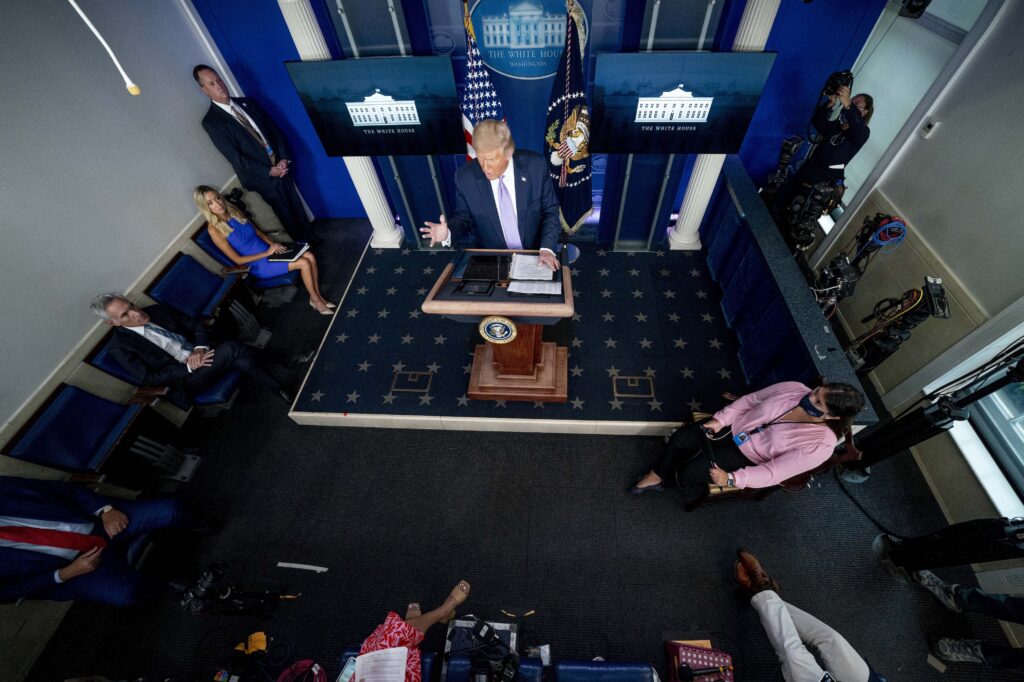 Donald Trump President Donald Trump speaks at a news conference in the James Brady Press Briefing Room at the White House, Thursday, Aug. 13, 2020, in Washington. (AP Photo/Andrew Harnik)
