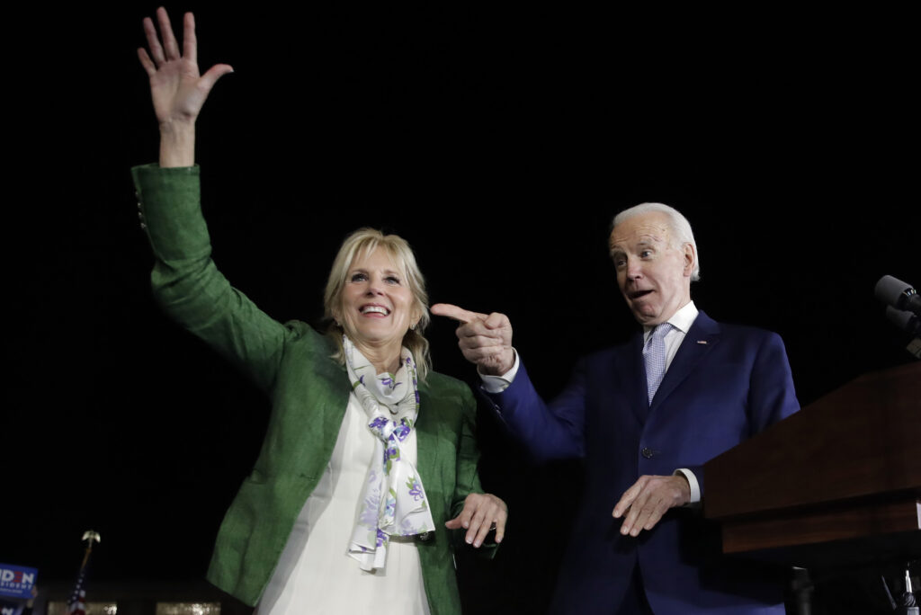 Joe Biden, Jill Biden In this Mar. 3, 2020, file photo, Democratic presidential candidate former Vice President Joe Biden, right, and his wife Jill attend a primary election night rally in Los Angeles. (AP Photo/Marcio Jose Sanchez)