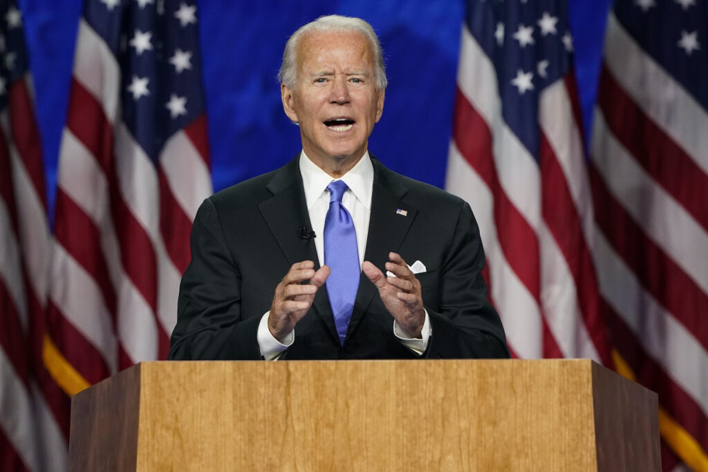 Democratic presidential candidate former Vice President Joe Biden speaks during the fourth day of the Democratic National Convention, Thursday, Aug. 20, 2020, at the Chase Center in Wilmington, Del. (AP Photo/Andrew Harnik)