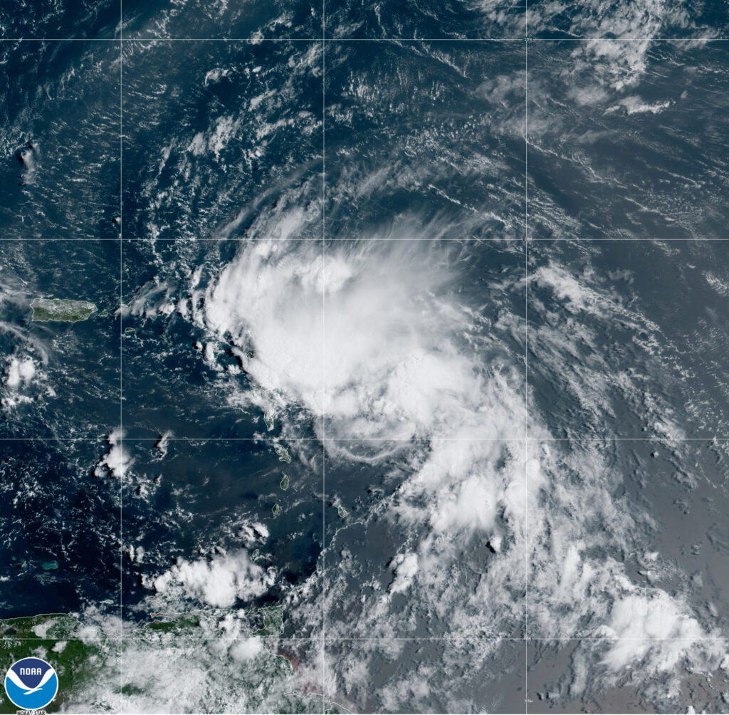 Tropical Weather This satellite image released by the National Oceanic and Atmospheric Administration (NOAA) shows Tropical Storm Laura in the North Atlantic Ocean, Friday, Aug. 21, 2020. Laura formed Friday in the eastern Caribbean and forecasters said it poses a potential hurricane threat to Florida and the U.S. Gulf Coast. A second storm also may hit the U.S. after running into Mexico's Yucatan Peninsula. (NOAA via AP)