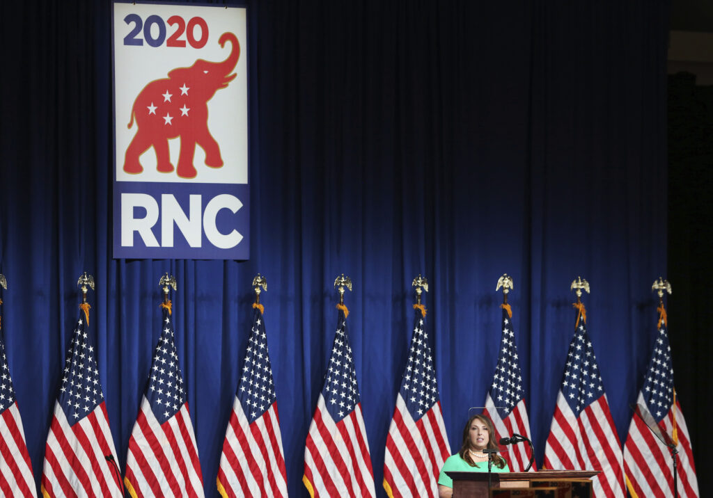 Election 2020 RNC RNC Chairwoman Ronna Romney McDaniel speaks to delegates in the Charlotte Convention Center’s Richardson Ballroom in Charlotte, NC on Monday, August 24. The delegates have gathered for the roll call vote to renominate Donald J. Trump to be President of the United States and Mike Pence to be Vice President.
(Travis Dove for The New York Times)