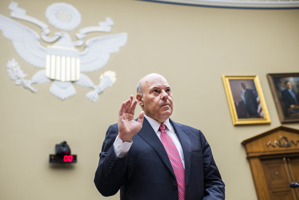 Election 2020 Postal Service Postmaster General Louis DeJoy is sworn into the House Oversight and Reform Committee hearing titled “Protecting the Timely Delivery of Mail, Medicine, and Mail-in Ballots,” in Rayburn House Office Building on Monday, August 25, 2020. (Photo By Tom Williams/CQ Roll Call/Pool)
