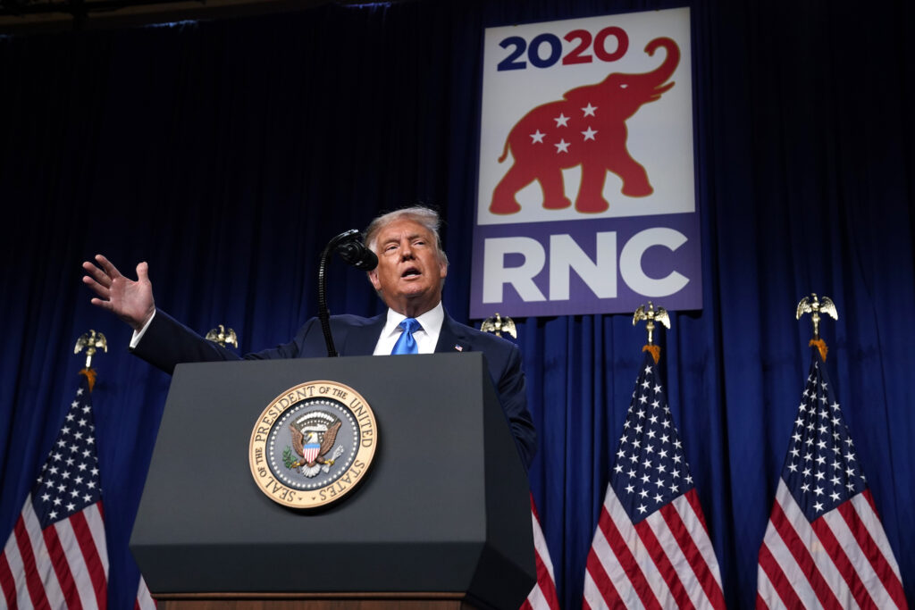 President Donald Trump speaks the Republican National Committee convention site, Monday, Aug. 24, 2020, in Charlotte. (AP Photo/Evan Vucci)