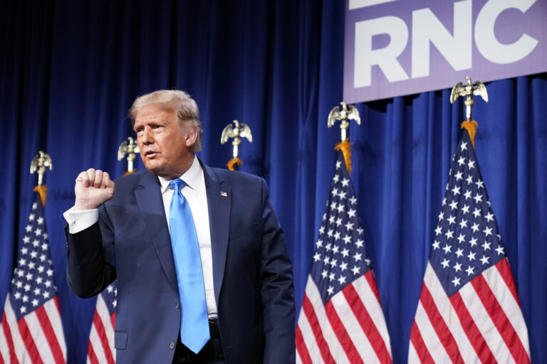 President Donald Trump pumps his fist after speaking at the 2020 Republican National Convention in Charlotte, N.C., Monday, Aug. 24, 2020. (AP Photo/Andrew Harnik)