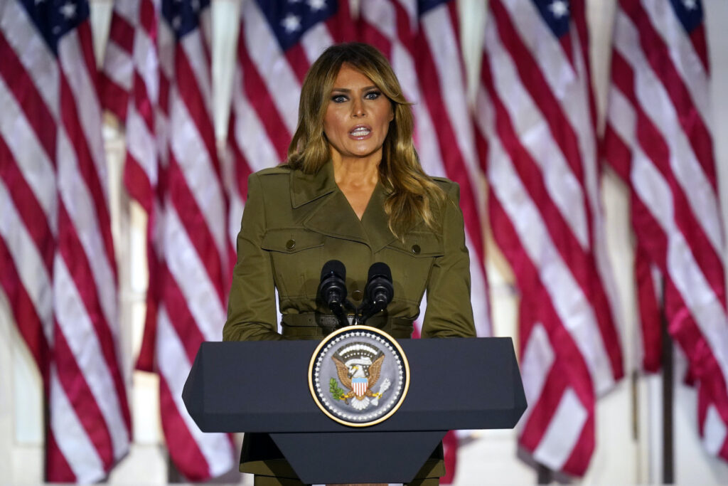 Melania Trump First lady Melania Trump speaks on the second day of the Republican National Convention from the Rose Garden of the White House, Tuesday, Aug. 25, 2020, in Washington. (AP Photo/Evan Vucci)