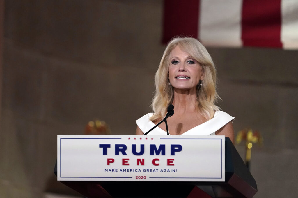 Kellyanne Conway White House counselor Kellyanne Conway tapes her speech for the third day of the Republican National Convention from the Andrew W. Mellon Auditorium in Washington, Wednesday, Aug. 26, 2020. (AP Photo/Susan Walsh)