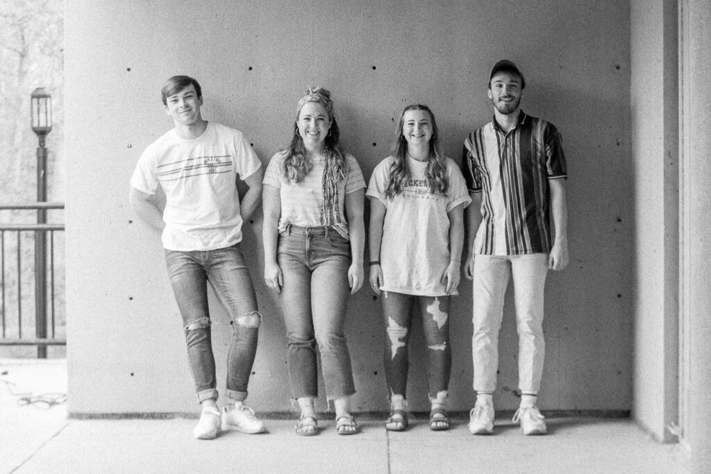 Benson4x6 A black and white photo of the band Benson, comprised of siblings Brianna, Hudson, Schyler and Haley Marsh