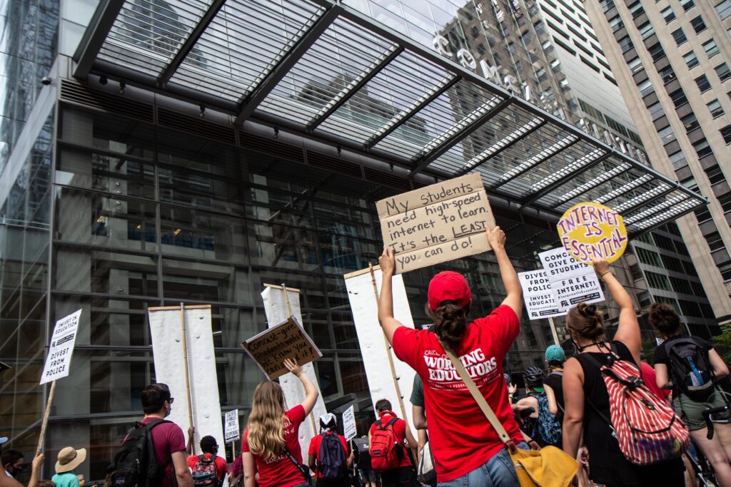 Image from iOS Protesters attempted to deliver a petition to Comcast for free internet for Philadelphia school district students learning virtually on Aug. 3, 2020. (Kimberly Paynter/WHYY)
